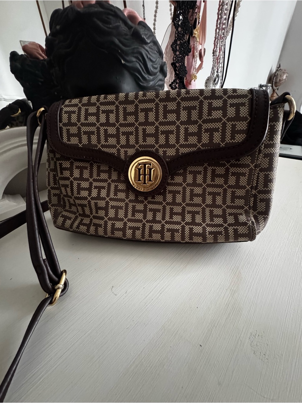 Tommy Hilfiger Brown Patterned Logo Crossbody with Gold Accent